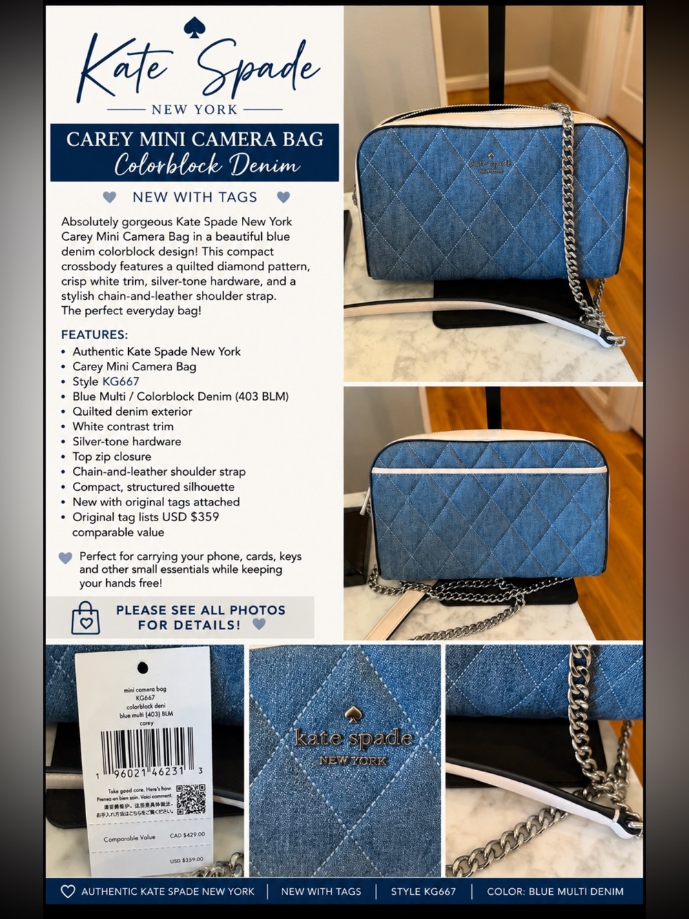 Kate Spade New York Carey Mini Camera Bag – Colorblock Denim – NWT